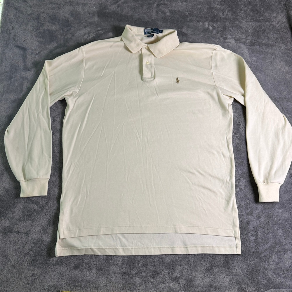 Polo Ralph Lauren Mens Large Cream Off White Long Sleeve Cotton Polo Shirt L